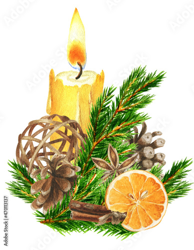Watercolor Christmas illustration. Collection of Christmas décor. 