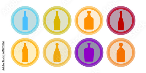 Bottle of vodka, vermouth, rum, red wine, beer, champagne, liquor, tequila. Background is circle. Isolated color object design beverage. Graphic illustration in flat style. Simple icon for restaurant.