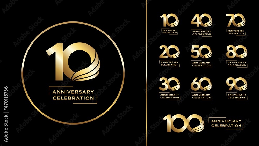 Set of anniversary logotype with wings shape style gold color for invitation, greeting card, precious moment, and celebration event, vector, template, illustration - obrazy, fototapety, plakaty 