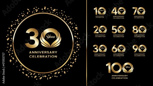 Set of anniversary logotype with wings shape style gold color for invitation, greeting card, precious moment, and celebration event, vector, template, illustration