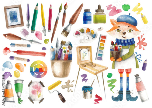 Hand drawn watercolor illustration with cute fox painter and her tools - paints, tubes, easel, palettes, pencils, brushes, crayons and others. Cute artist characters and tools artist isolated on white