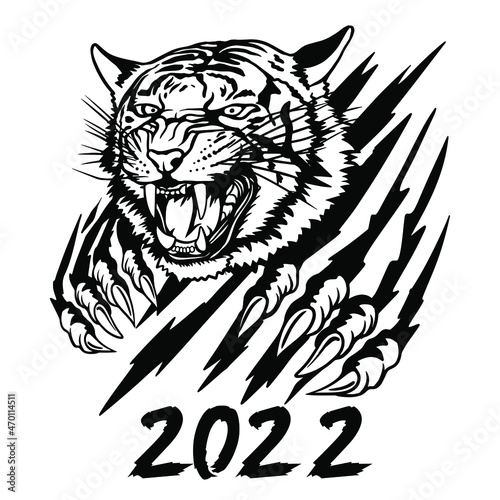 Tiger svg clipart. New Year of the Tiger 2022. Freehand drawing of a tiger. Greeting card, poster, illustration for printing on T-shirts, textiles and souvenirs.