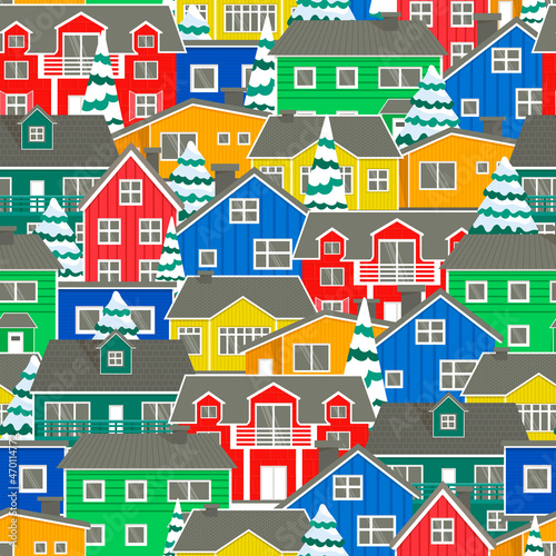 Norwegian colorful houses set hand drawn seamless vector pattern. Country houses wrap, rustic style design. Background of the northern city with snow-covered Christmas trees. 