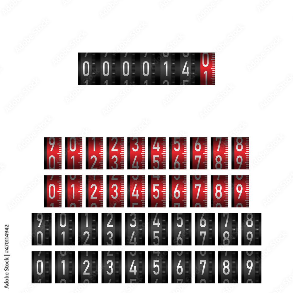 Mechanical counter, set of numbers. White numbers on dark and red background. Vector illustration. Mechanical counter, set of numbers. White numbers on dark and red background. Vector illustration.
