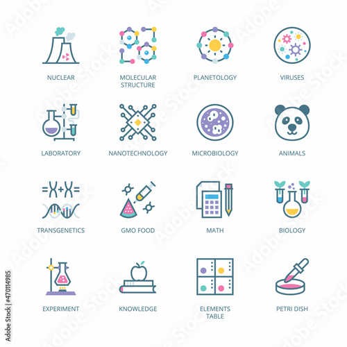 Biochemistry and Genetics filled line Icons - stroke, vector