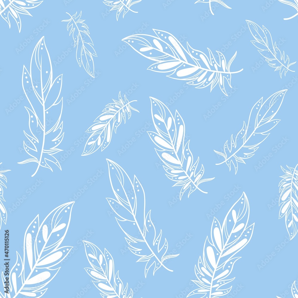 Pattern with white feathers on a gentle blue background. Seamless pattern with soaring bird feathers. Delicate template for wallpaper, fabric, packaging and design.