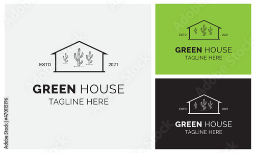 Green House Logo Design Template With Cactus.