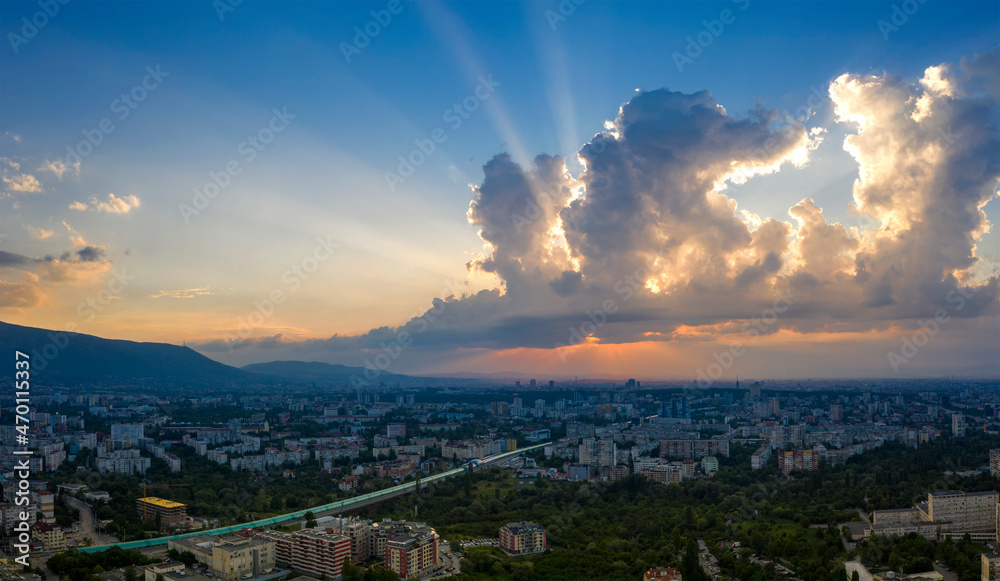 Fototapeta premium Amazing aerial view of the sunset over the city Sofia, Bulgaria.