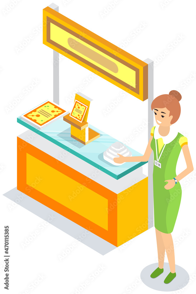 Female manager offers to buy product from company at exhibition. Stand and showcase for trade with advertising brochures, presentation modern color goods for buyers. Character with badge shows books Female manager offers to buy product from company at exhibition. Stand and showcase for trade with advertising brochures, presentation modern color goods for buyers. Character with badge shows books