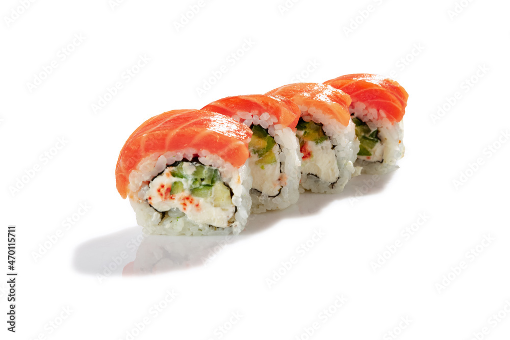 Set of four traditional delicious fresh sushi roll isolated on white background with shadow. Sushi menu. Japanese kitchen, restaurant. Set of four traditional delicious fresh sushi roll isolated on white background with shadow. Sushi menu. Japanese kitchen, restaurant.