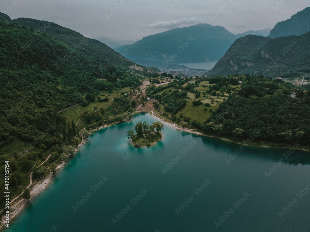 Lake Tenno photographed from above with the drone. On Lake Garda