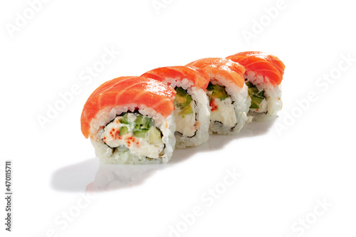 Set of four traditional delicious fresh sushi roll isolated on white background with shadow. Sushi menu. Japanese kitchen, restaurant.