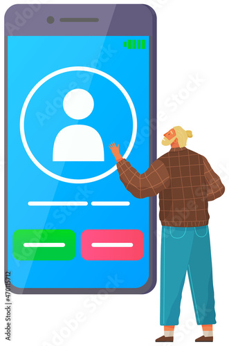Male character uses smartphone to call. Man chatting in messenger. Application for virtual communication in smartphone. Guy selects contact in mobile app. Messenger interface with call icons on screen