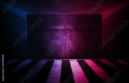 Background rough concrete with neon lights. Texture for display products wall.