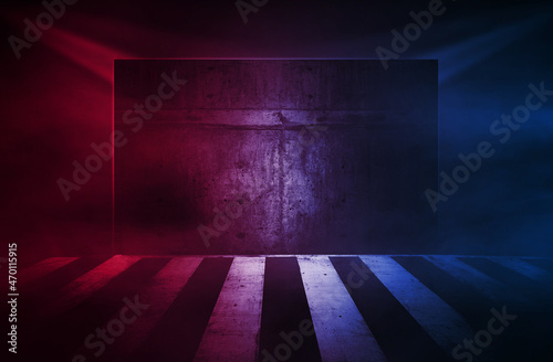 Background rough concrete with neon lights. Texture for display products wall.	
