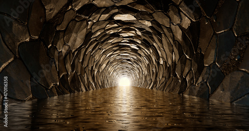 Fototapeta Naklejka Na Ścianę i Meble -  3D rendering. Light at the end of the tunnel through the rock. A cave in the mountain with an exit at the end.