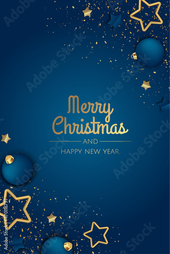 Merry Christmas Party invitation. Happy New Year card Decoration. Winter background. Seasonal holidays.