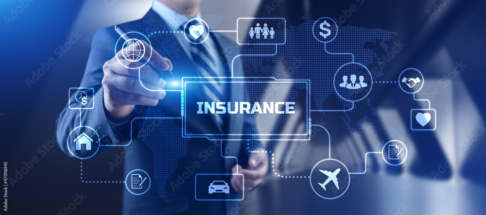 Insurance Insurtech. Businessman pressing button on screen. Insurance Insurtech. Businessman pressing button on screen.