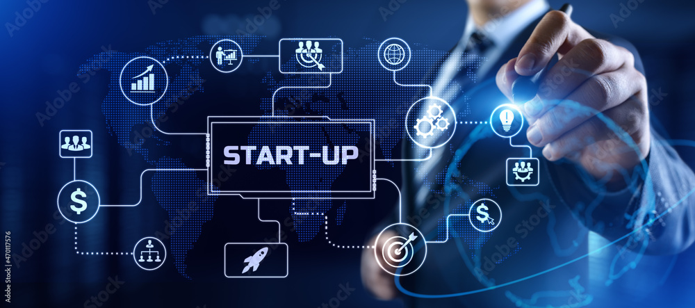 Startup new business idea. Businessman pressing button on screen. Startup new business idea. Businessman pressing button on screen.