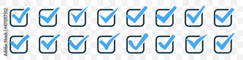 Set of blue check marks or ticks in boxes