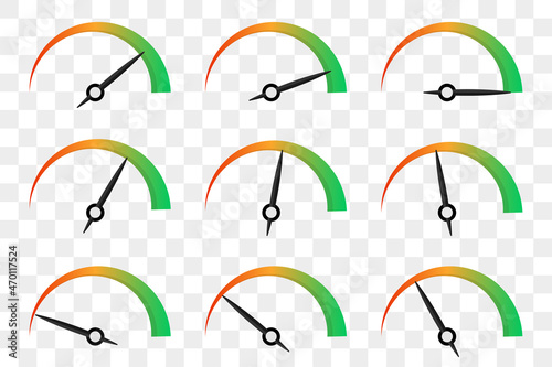 Set of customer satisfaction meter. Speedometer scale collection. Vector illustration.