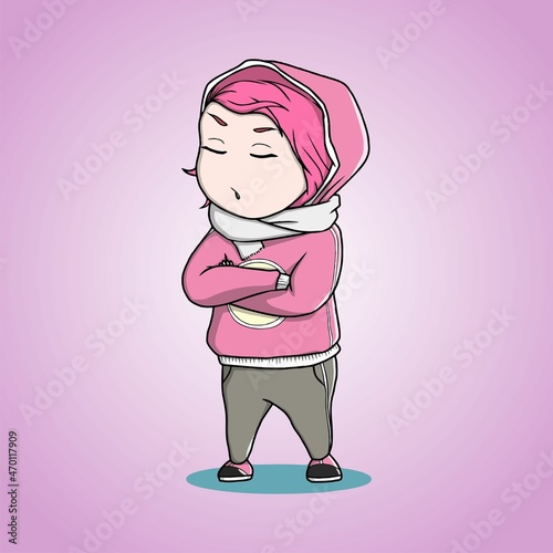 character illustration of a cute grumpy girl and standing on pink background. vector of illustration
