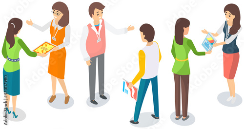 Group of people men and women colleagues discuss at business meeting. Characters communicate isolated on white background. Employees at exhibition considering work. Office workers have conversation
