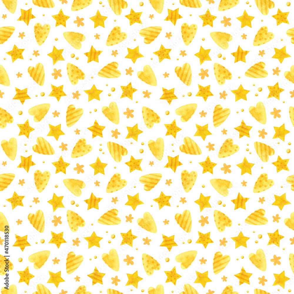 Holiday seamless pattern with yellow Christmas stars and hearts.  Digital paper on a white background.