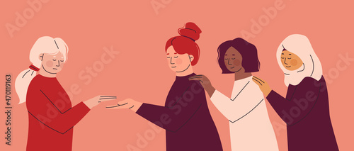 Association helping women victims of domestic violence. Women hold hands, psychologically support each other. Vector illustration for a poster.