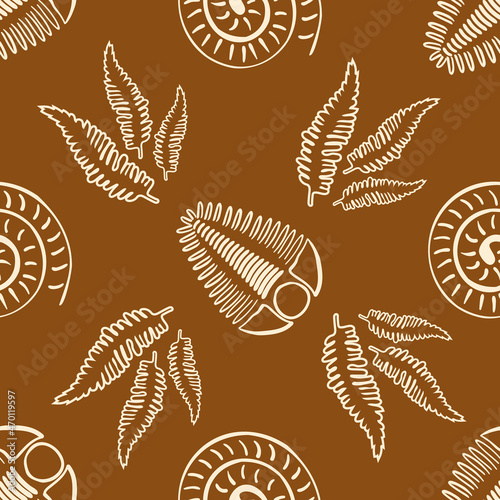 Ammonite trilobite fern vector seamless pattern background. Hand drawn spiral-form shell cephalopod and arthropod ribbed fossils, ferns. Extinct marine predators and plant life backdrop. For education photo