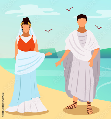 Roman woman and man in traditional clothes, citizens of ancient rome vector on white background. Young antique people as roman patrials wearing in long white dress stand together on seashore