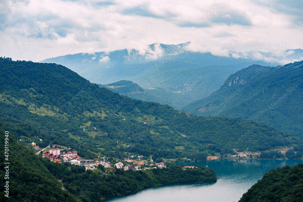 Town in the mountains on the shore of Lake Piva. Montenegro
