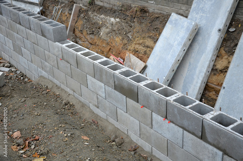 ugly holding a road notch of a bridge forecourt tunnel. retaining wall with concrete grouting is covered with fake, optically prettier wall. fencing with hollow bricks filled with wires, railing,steel