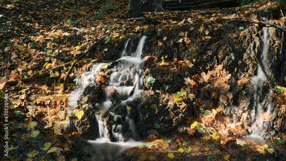 panorama of the waterfall in the autumn forest