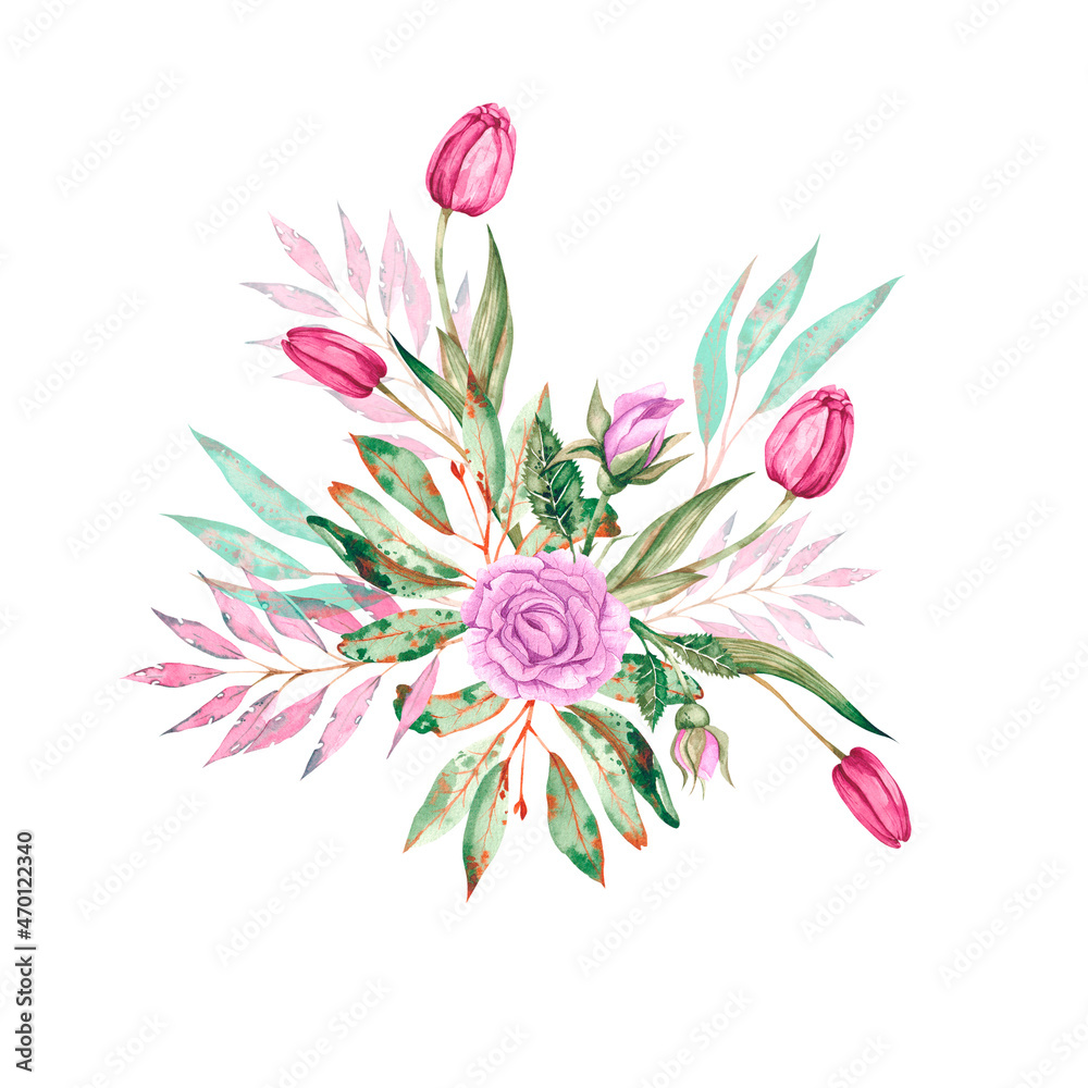 Watercolor composition with roses, flower buds, gerberas, tulips, twigs 2 Watercolor composition with roses, flower buds, gerberas, tulips, twigs 2