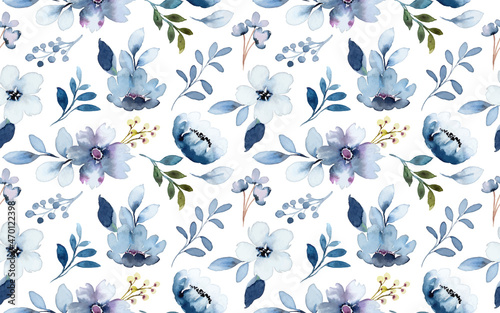 Seamless pattern of blue floral with watercolor
