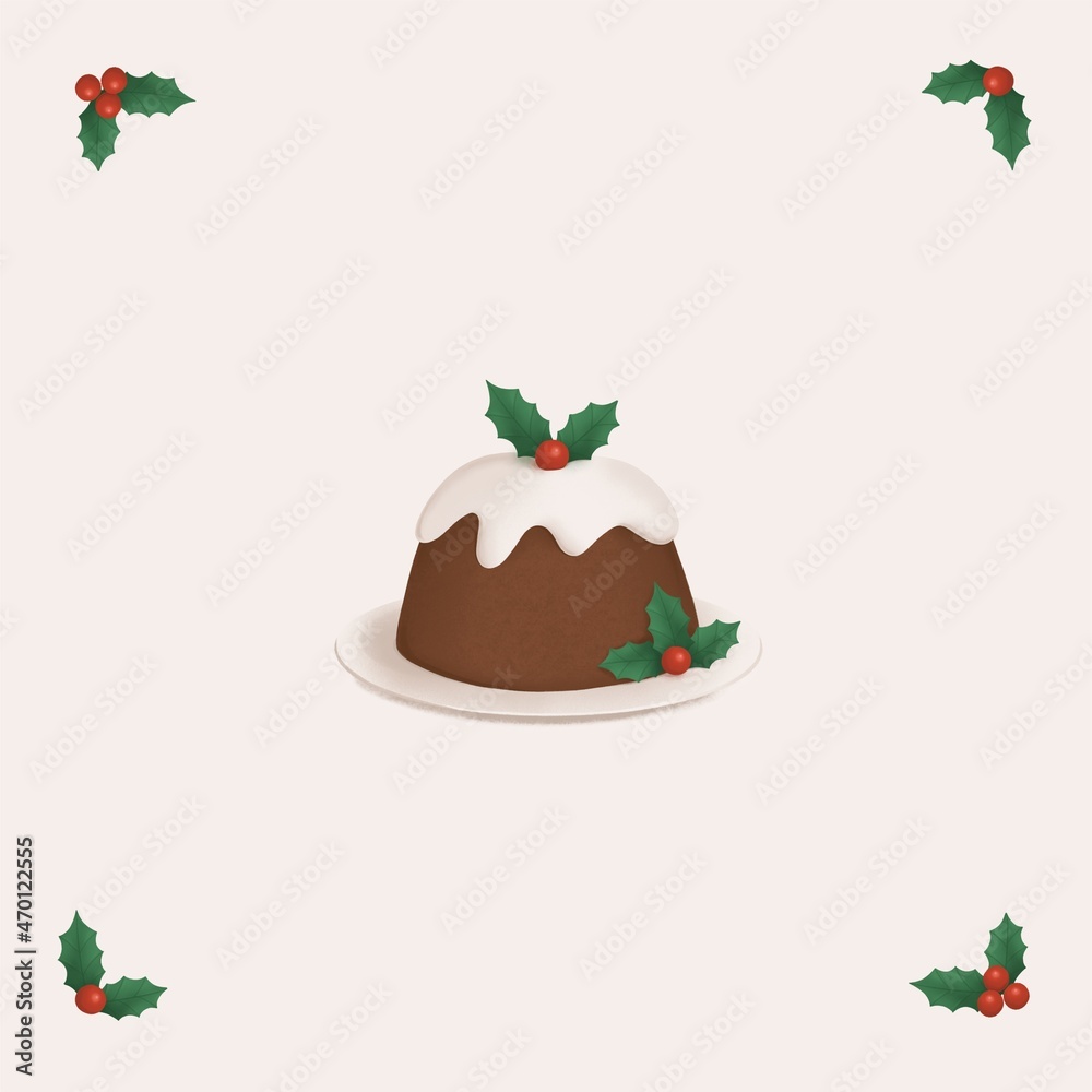 Christmas pudding illustration postcard on blue background. Branches of holly Christmas pudding illustration postcard on blue background. Branches of holly
