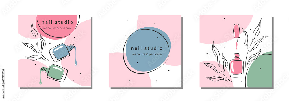 Set of design for nail studio for social media posts and stories, mobile apps. Nail polish, nail brush. Vector illustrations