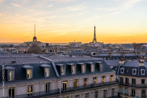 Paris skyline at sunset with view of the Eiffel Tower