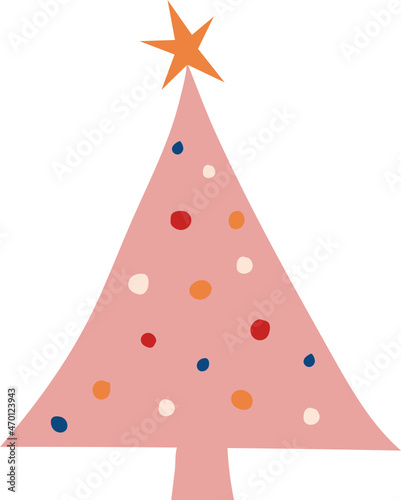 rosa Weihnachtsbaum mit bunten Kugeln und einem Stern als Spitze. stilisiert, infantil für Konzept