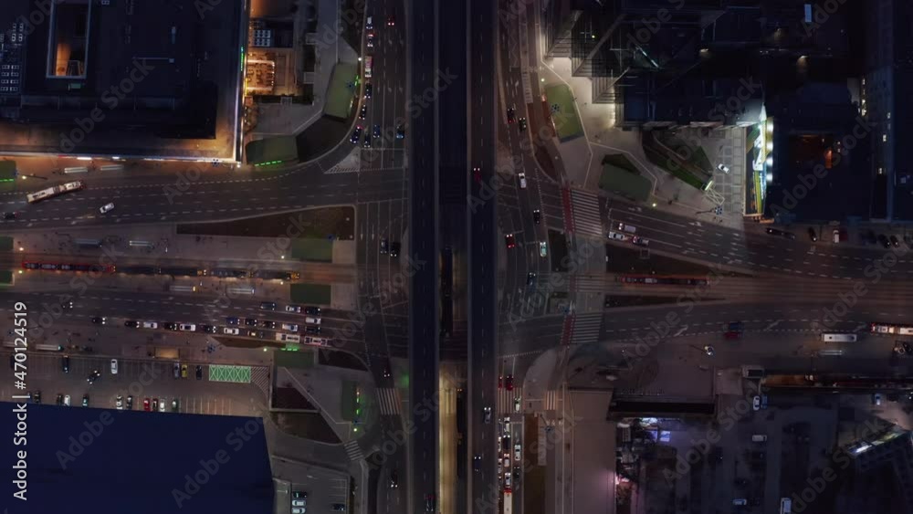 Aerial birds eye overhead top down view of transport infrastructure in city. Large and complex road intersection. Warsaw, Poland Aerial birds eye overhead top down view of transport infrastructure in city. Large and complex road intersection. Warsaw, Poland