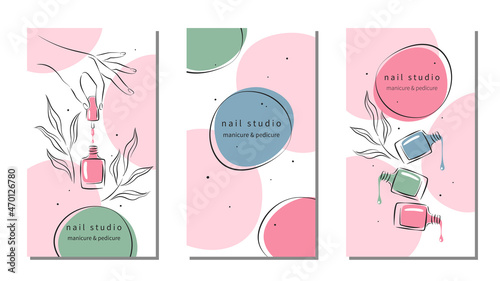 Set of design for nail studio for social media posts and stories, mobile apps. Nail polish, nail brush, manicured female hands. Vector illustrations