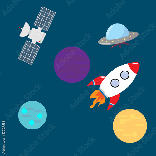 Set of space related objects with a UFO, satellite, planets and a rocket. Outer cosmos set with extraterrestrial planets and spaceships, shuttles with blue background. © Mariam