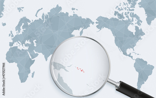 Asia centered world map with magnified glass on Solomon Islands. Focus on map of Solomon Islands on Pacific-centric World Map.