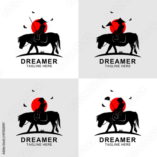Dreamer silhouette riding horse logo at sunset