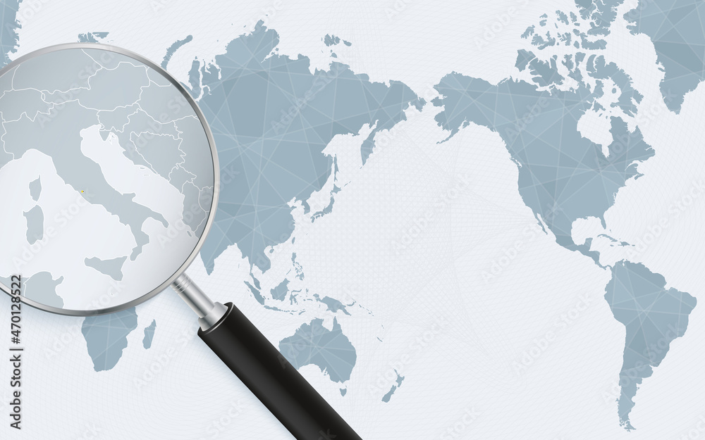 Asia centered world map with magnified glass on Vatican City. Focus on map of Vatican City on Pacific-centric World Map. Asia centered world map with magnified glass on Vatican City. Focus on map of Vatican City on Pacific-centric World Map.