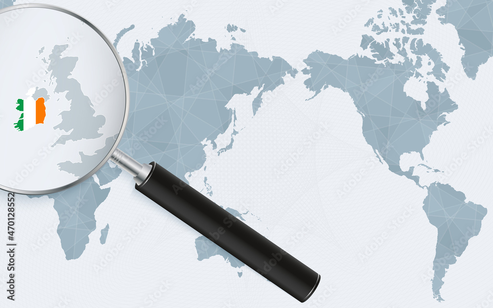 Asia centered world map with magnified glass on Ireland. Focus on map of Ireland on Pacific-centric World Map. Asia centered world map with magnified glass on Ireland. Focus on map of Ireland on Pacific-centric World Map.