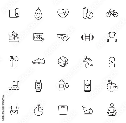 fitness outline vector icons isolated on white background. fitness icon set for web and ui design, mobile apps, print polygraphy and promo advertising business