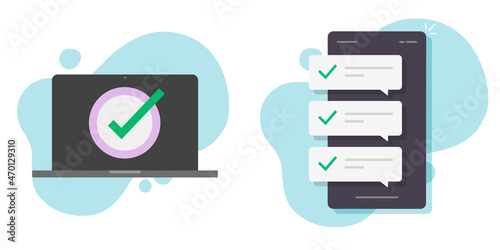 Positive checkmark acceptance on cell phone and computer online checklist vector or completed digital task tick, internet cellphone and laptop correct choices for finished check mark icon