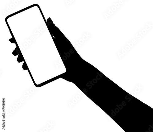 illustration of a silhouette of a hand holding the smartphone with blank screen isolated white background.  hands using phone